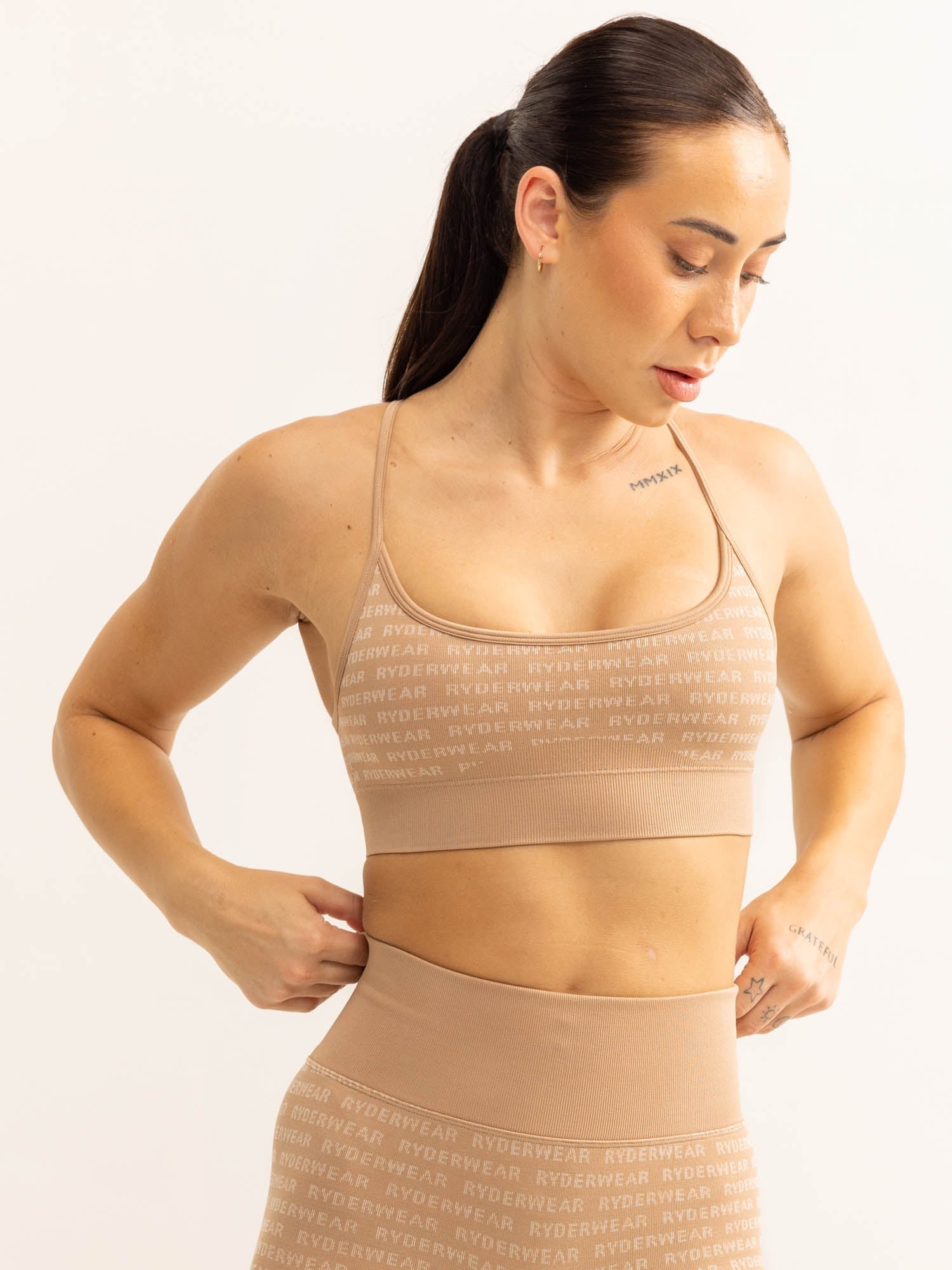 Logo Lux Seamless Sports Bra - Tan 1 Logo Lux Seamless Sports Bra - Tan