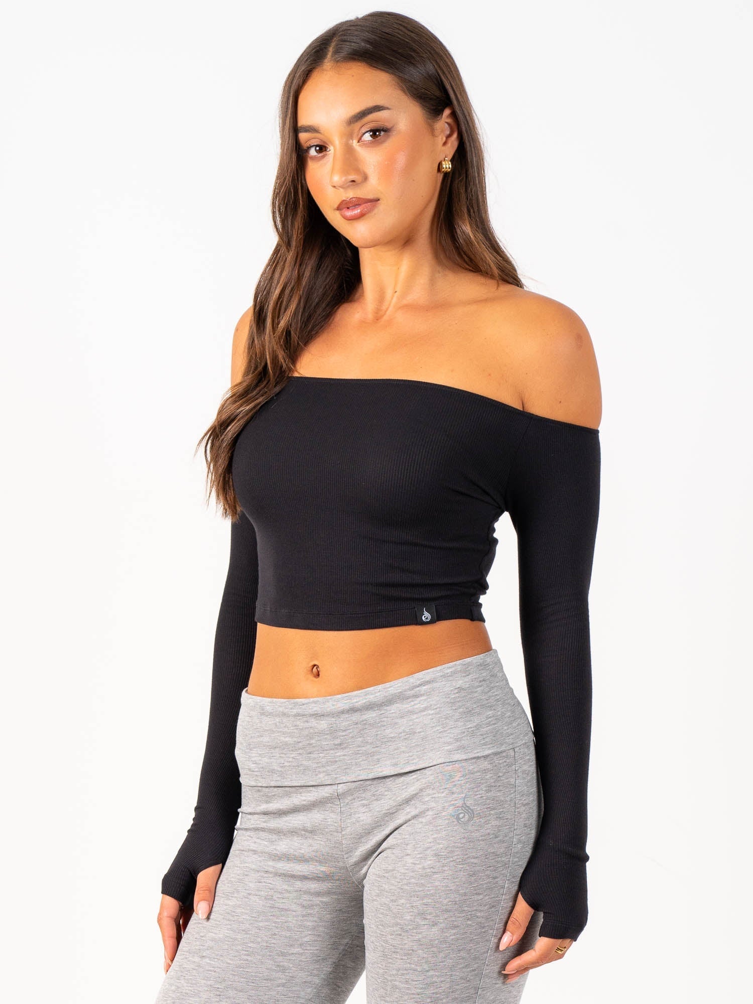 Ribbed Off Shoulder Long Sleeve Top - Black 1 Ribbed Off Shoulder Long Sleeve Top - Black