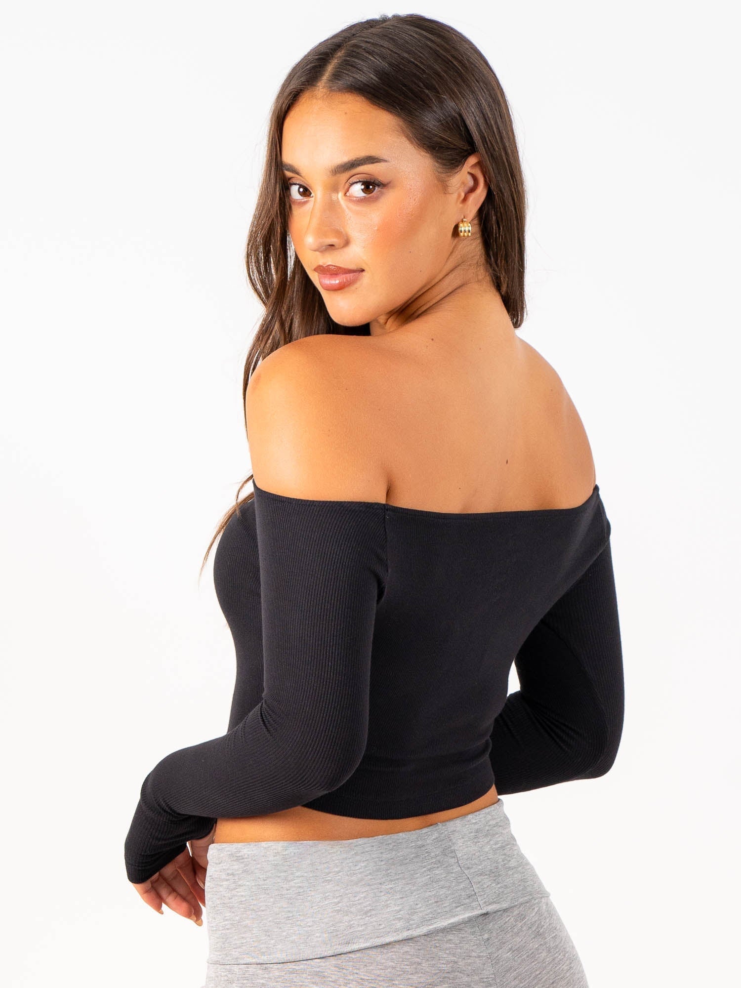 Ribbed Off Shoulder Long Sleeve Top - Black 3 Ribbed Off Shoulder Long Sleeve Top - Black